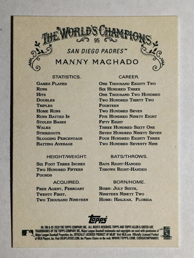 2020 Topps Allen and Ginter #95 Manny Machado