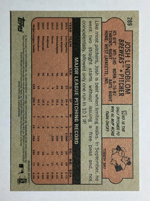 2021 Topps Heritage #289 Josh Lindblom