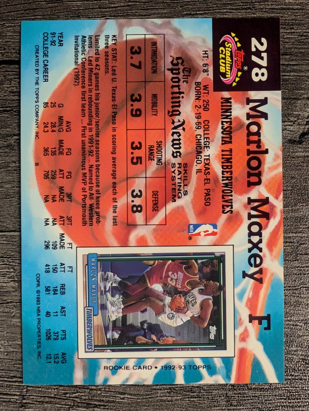 1992-93 Stadium Club #278 Marlon Maxey RC