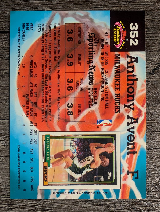 1992-93 Stadium Club #352 Anthony Avent RC