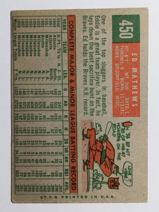 1959 Topps #450 Eddie Mathews (VGEX)