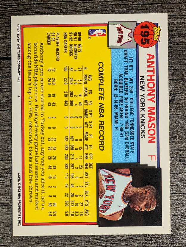 1992-93 Topps #195 Anthony Mason