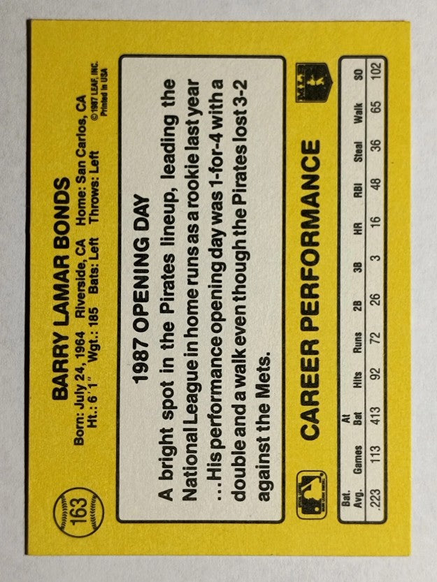 1987 Donruss Opening Day #163B Barry Bonds COR/Photo is Bonds