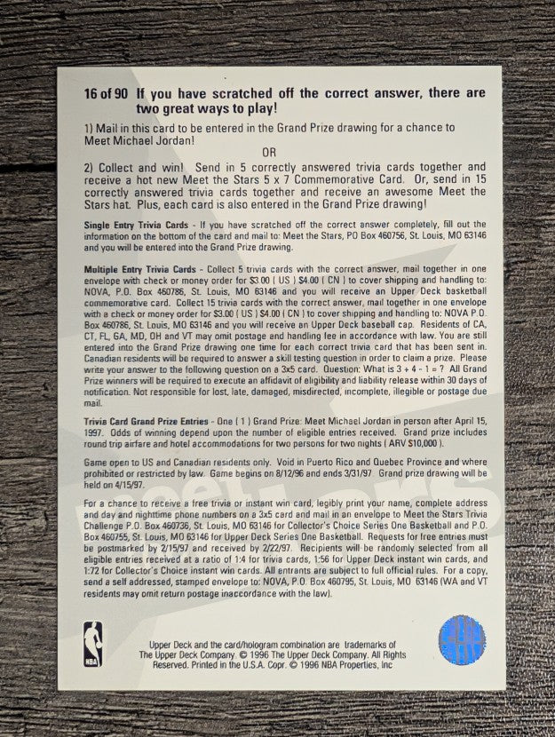 1996-97 Upper Deck Meet The Stars Trivia #16 Toronto Raptors