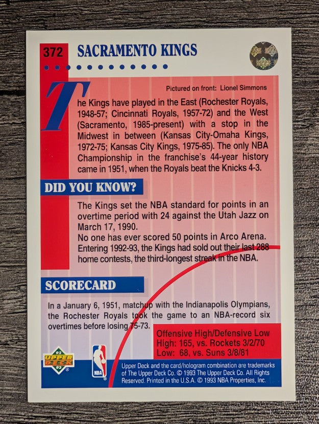 1992-93 Upper Deck #372 Lionel Simmons TFC