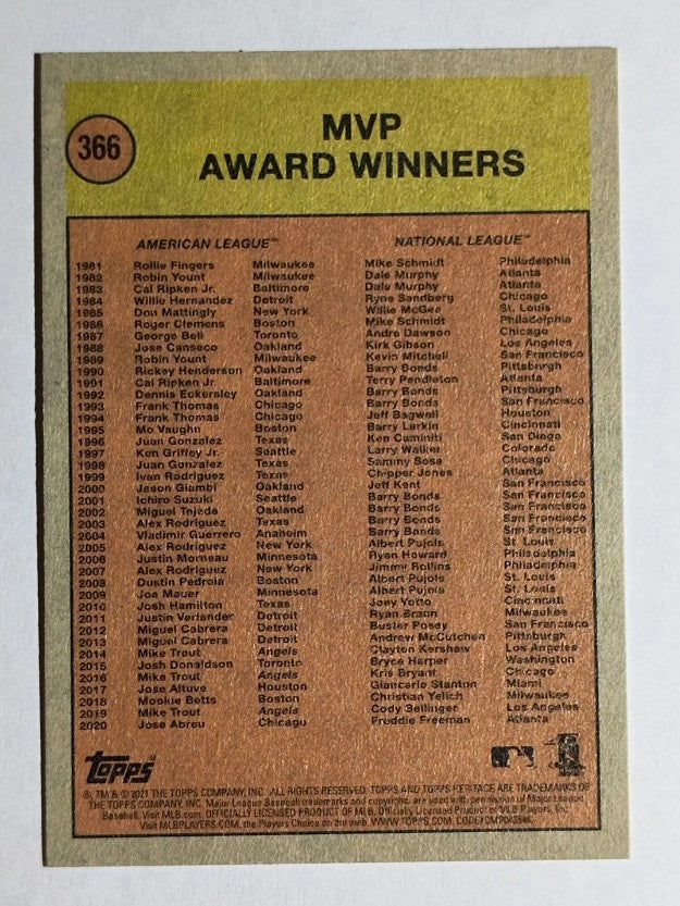 2021 Topps Heritage #366 MVP Award