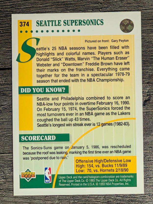 1992-93 Upper Deck #374 Gary Payton TFC