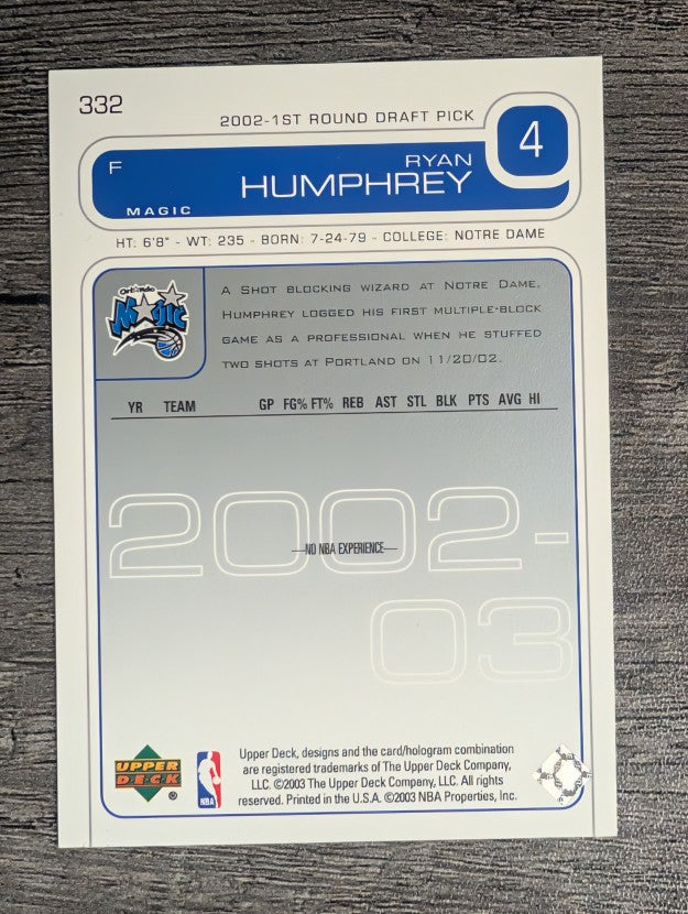 2002-03 Upper Deck #332 Ryan Humphrey