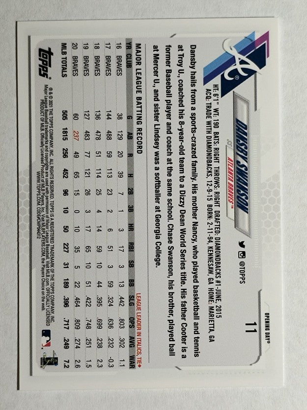 2021 Topps Opening Day #11 Dansby Swanson