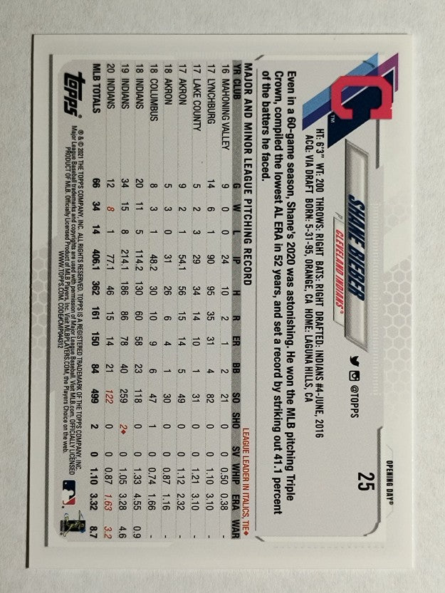 2021 Topps Opening Day #25 Shane Bieber