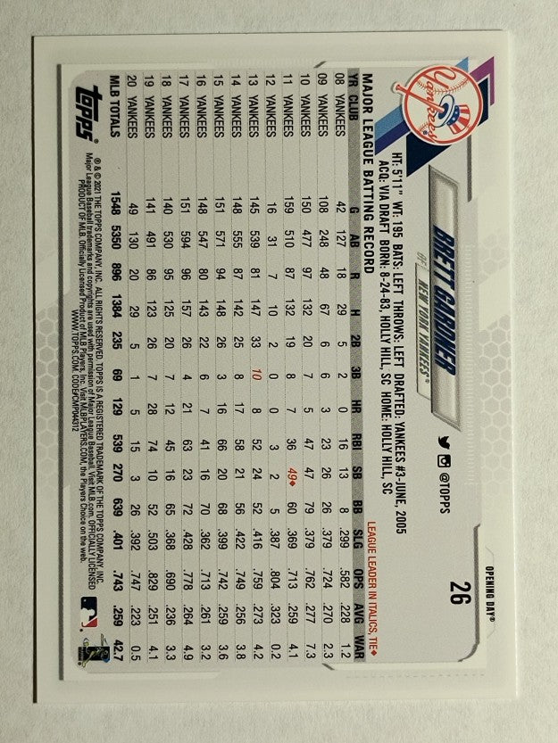 2021 Topps Opening Day #26 Brett Gardner