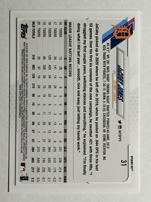 2021 Topps Opening Day #31 JaCoby Jones