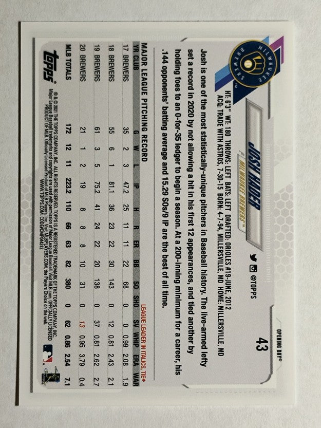 2021 Topps Opening Day #43 Josh Hader