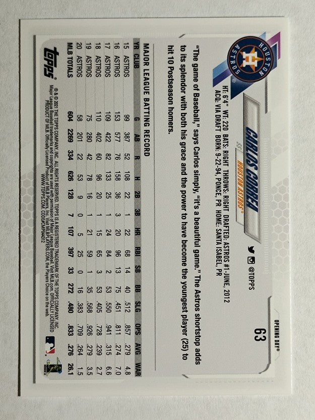 2021 Topps Opening Day #63 Carlos Correa