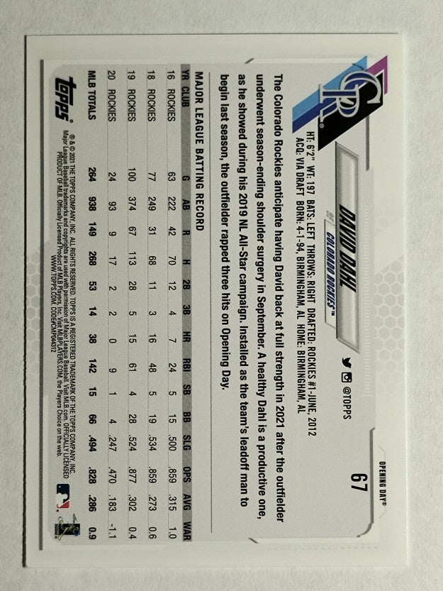 2021 Topps Opening Day #67 David Dahl