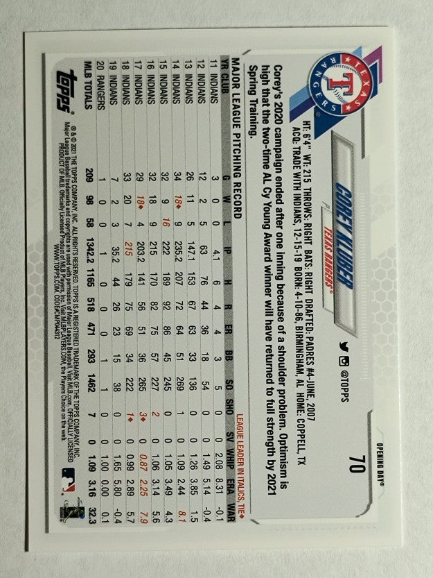 2021 Topps Opening Day #70 Corey Kluber