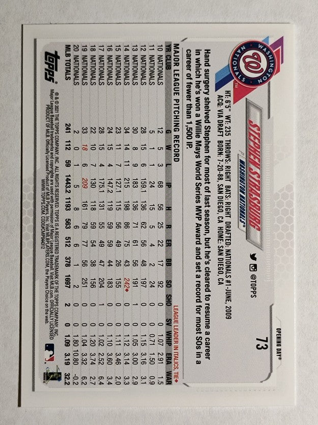 2021 Topps Opening Day #73 Stephen Strasburg