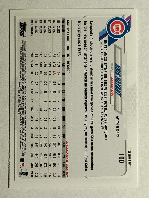 2021 Topps Opening Day #100 Kris Bryant