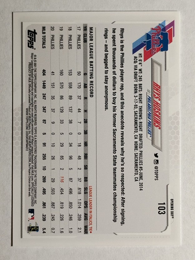 2021 Topps Opening Day #103 Rhys Hoskins