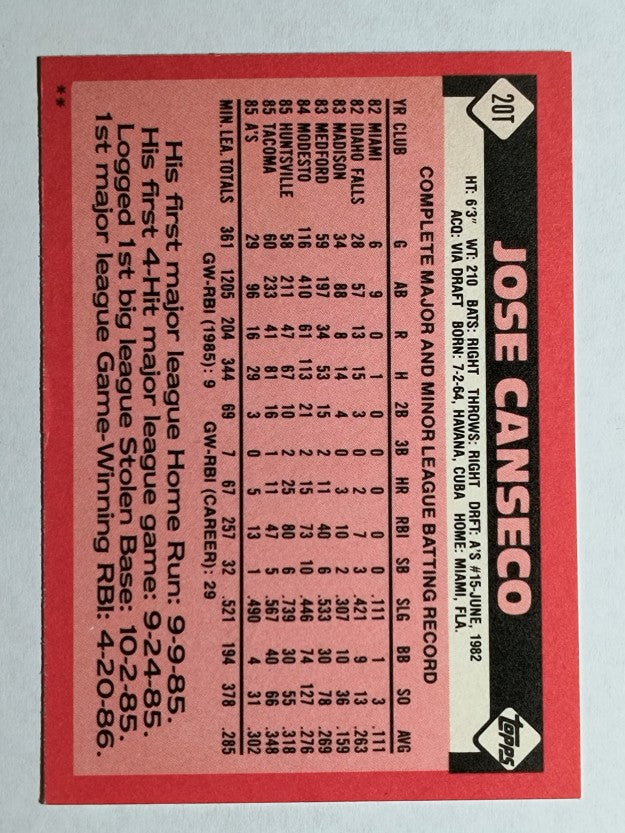1986 Topps Traded #20T Jose Canseco XRC
