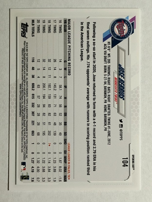 2021 Topps Opening Day #104 Jose Berrios