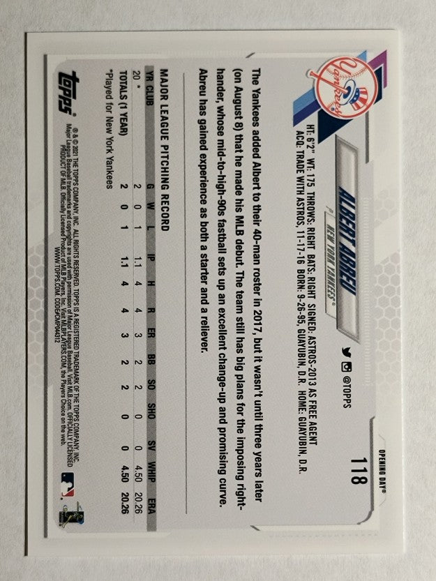 2021 Topps Opening Day #118 Albert Abreu RC