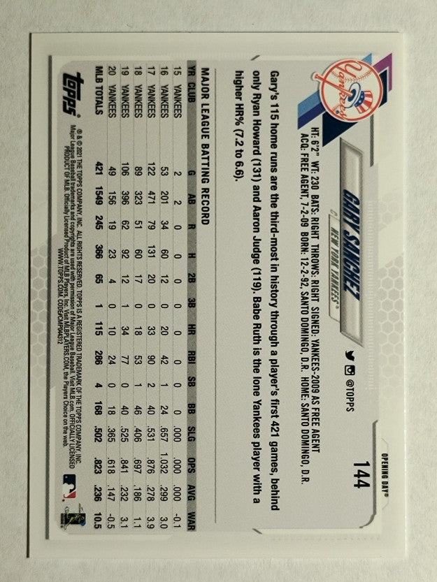 2021 Topps Opening Day #144 Gary Sanchez