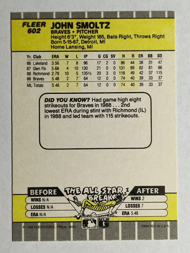 1989 Fleer #602 John Smoltz RC