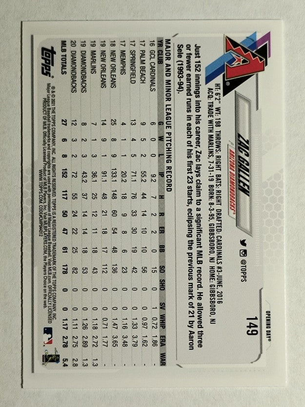 2021 Topps Opening Day #149 Zac Gallen