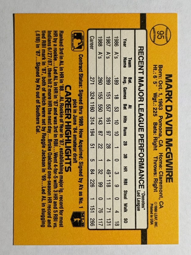 1989 Donruss #95 Mark McGwire
