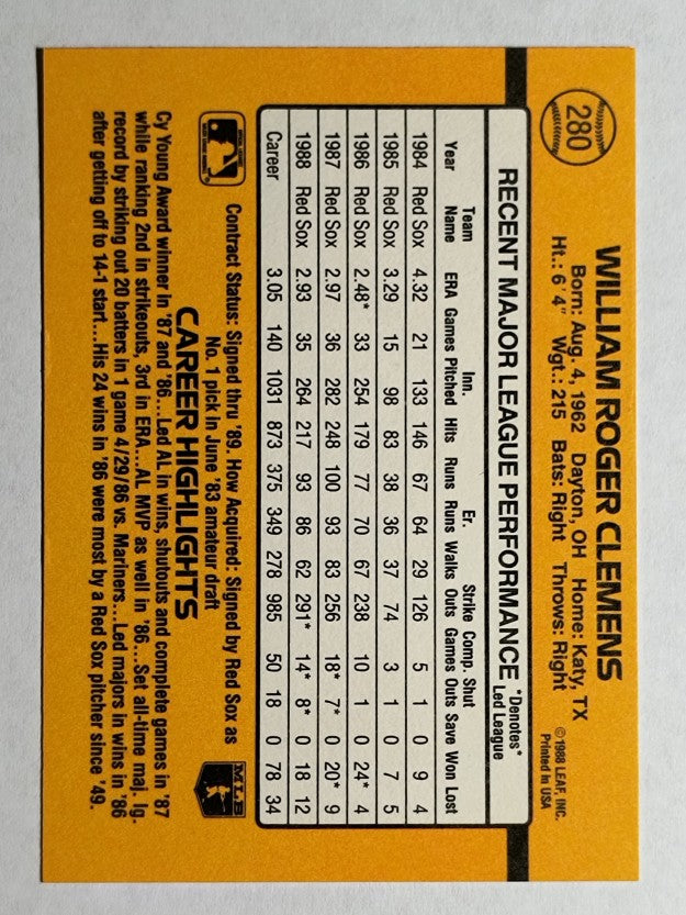 1989 Donruss #280 Roger Clemens