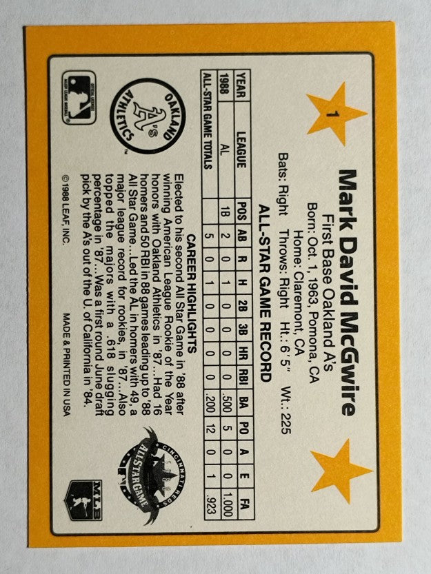 1989 Donruss All-Stars #1 Mark McGwire