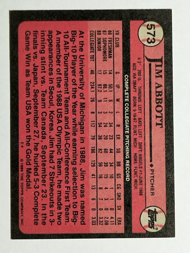 1989 Topps #573 Jim Abbott FDP RC