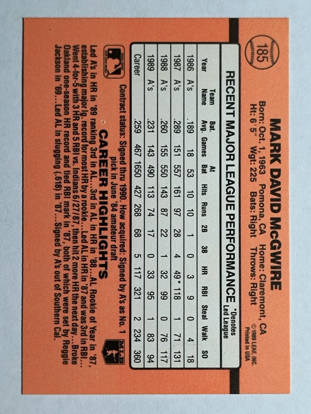 1990 Donruss #185 Mark McGwire