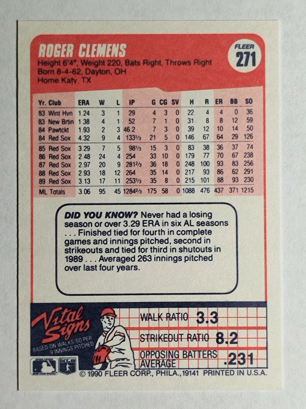 1990 Fleer #271 Roger Clemens