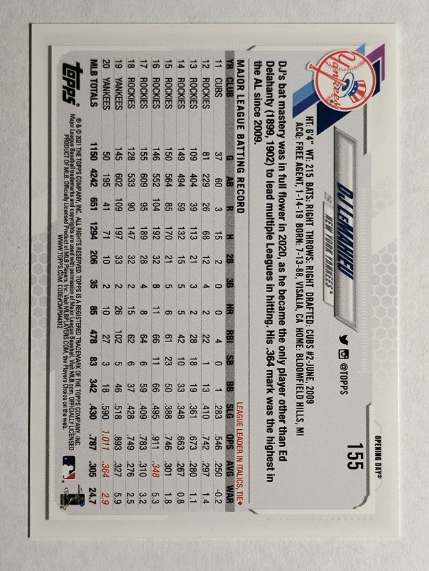 2021 Topps Opening Day #155 DJ LeMahieu