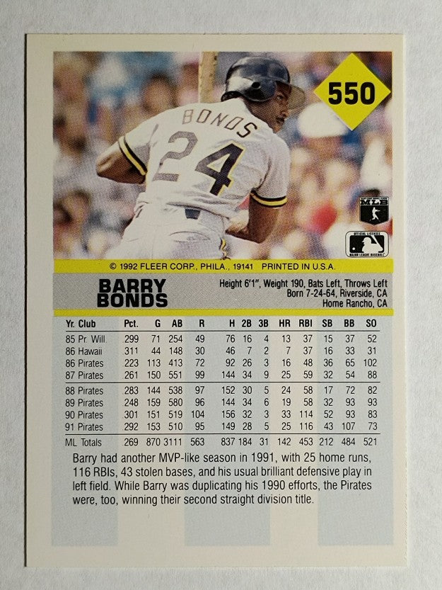 1992 Fleer #550 Barry Bonds