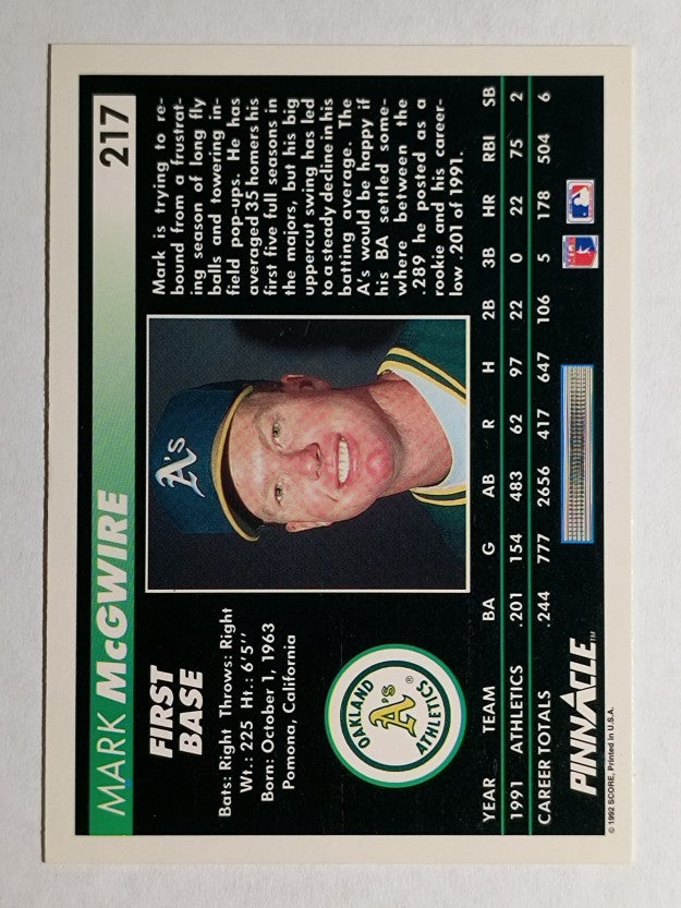 1992 Pinnacle #217 Mark McGwire