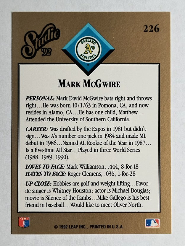 1992 Studio #226 Mark McGwire