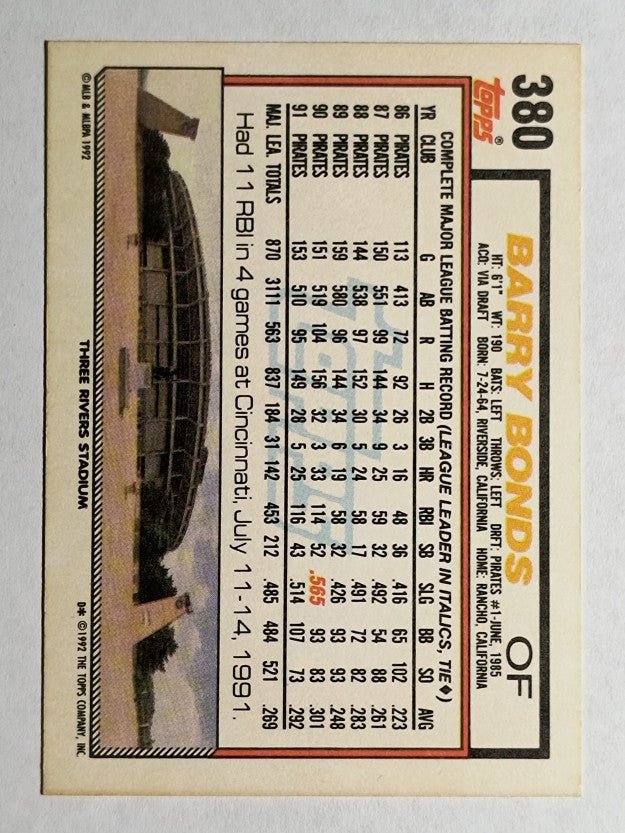 1992 Topps #380 Barry Bonds