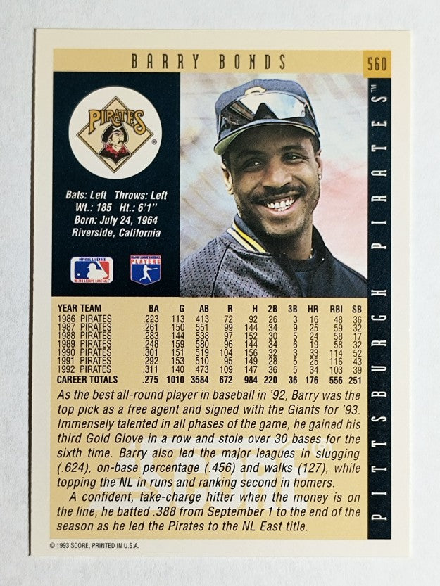 1993 Score #560 Barry Bonds