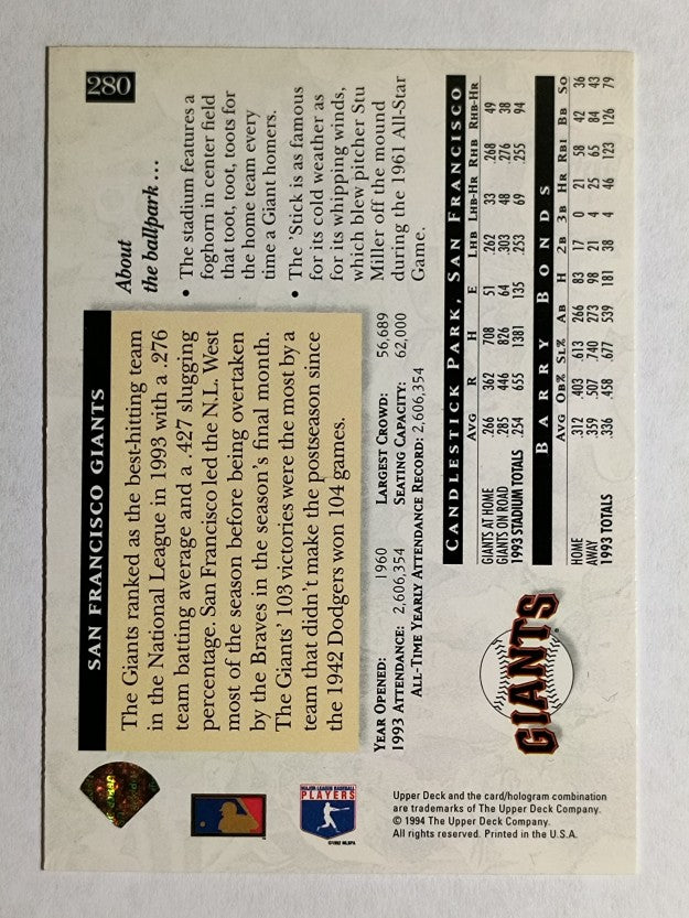 1994 Upper Deck #280 Barry Bonds HFA