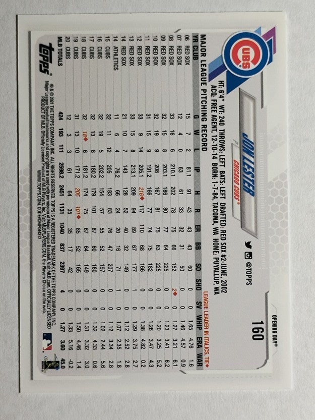2021 Topps Opening Day #160 Jon Lester