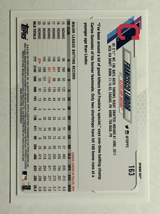 2021 Topps Opening Day #163 Francisco Lindor