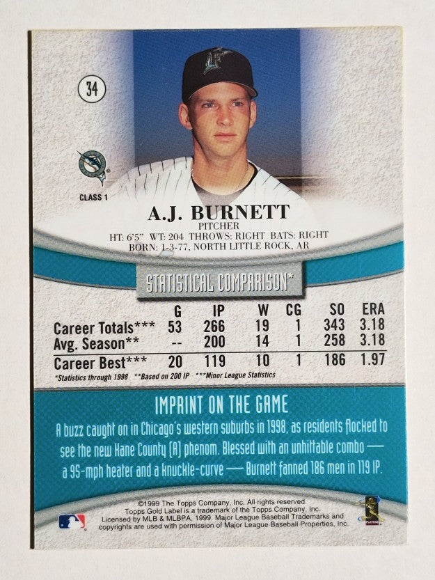 1999 Topps Gold Label Class 1 #34 A.J. Burnett RC