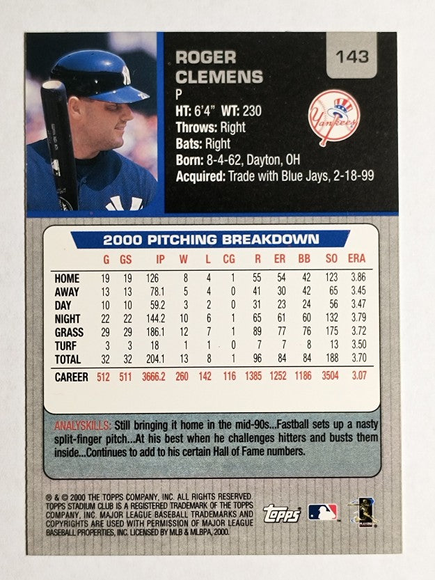 2001 Stadium Club #143 Roger Clemens