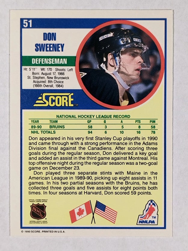 1990-91 Score #51A Don Sweeney RC