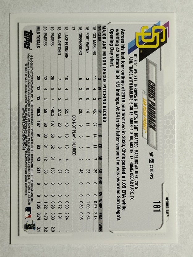 2021 Topps Opening Day #181 Chris Paddack