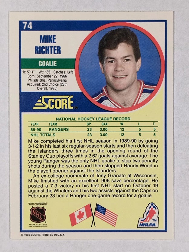 1990-91 Score #74 Mike Richter RC