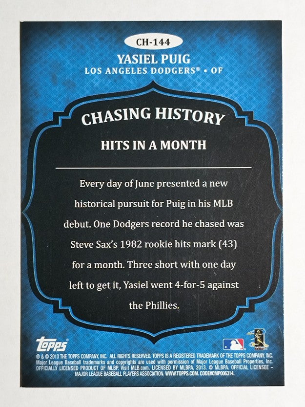 2013 Topps Chasing History #CH144 Yasiel Puig